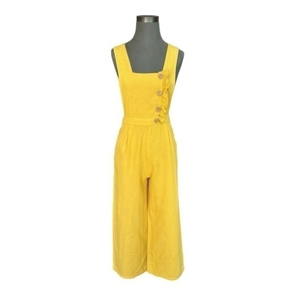 ZARA Gold Ruffled Jumpsuit XS/S Sleeveless Cropped Linen Cotton Zip Side VG - Picture 7 of 13